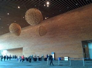 Wooden eggs suspended from the ceiling of the Vancouver Event Centre
