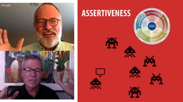 Assertiveness: one figure stands apart and speaks to the others