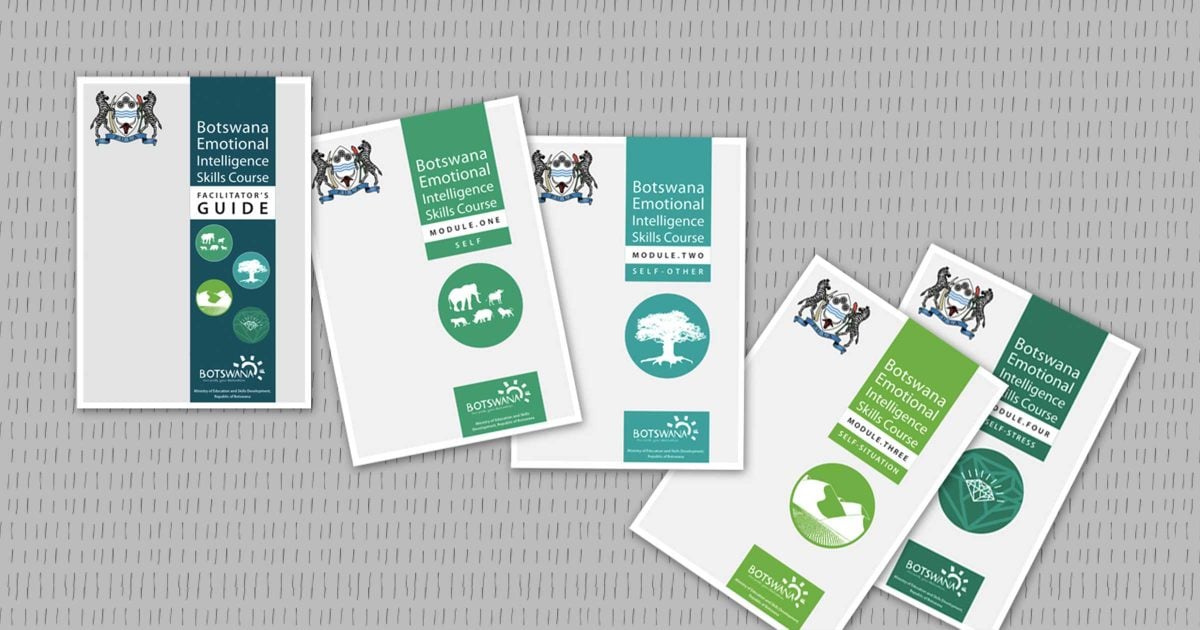 Learning modules and the facilitator guide cover pages for the Ministry of Education in Botswana