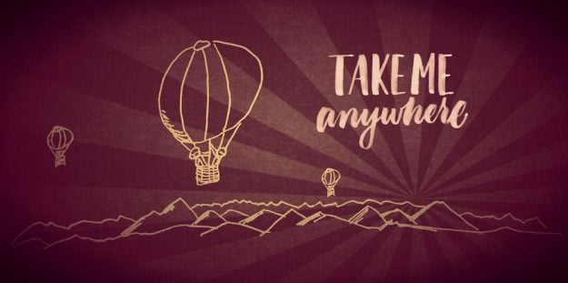 Illustration of some people in a balloon flying high over the mountains, in the blogosphere and there are words that read "take me anywhere"