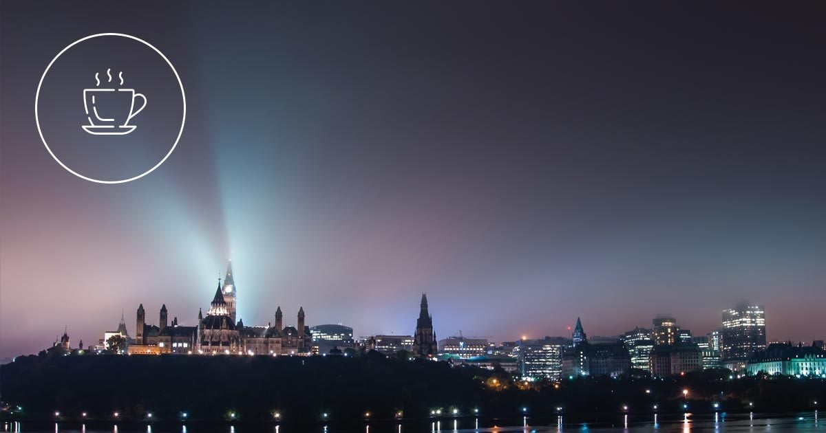 Our EQ For Breakfast icon floats over the parliament in Ottawa on a foggy morning.