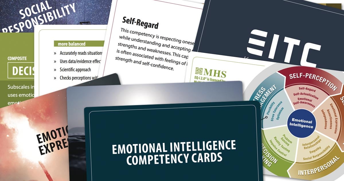 Ten or so of the EITC competency cards are spread out to display their colourful imagery and engaging typography. The biggest card says "emotional intelligence competency cards."