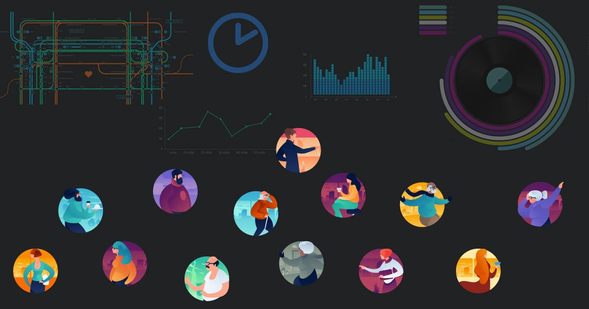 Many small illustrated people icons are arranged colourfully along the bottom, and statistical models are arranged in the background along the top.