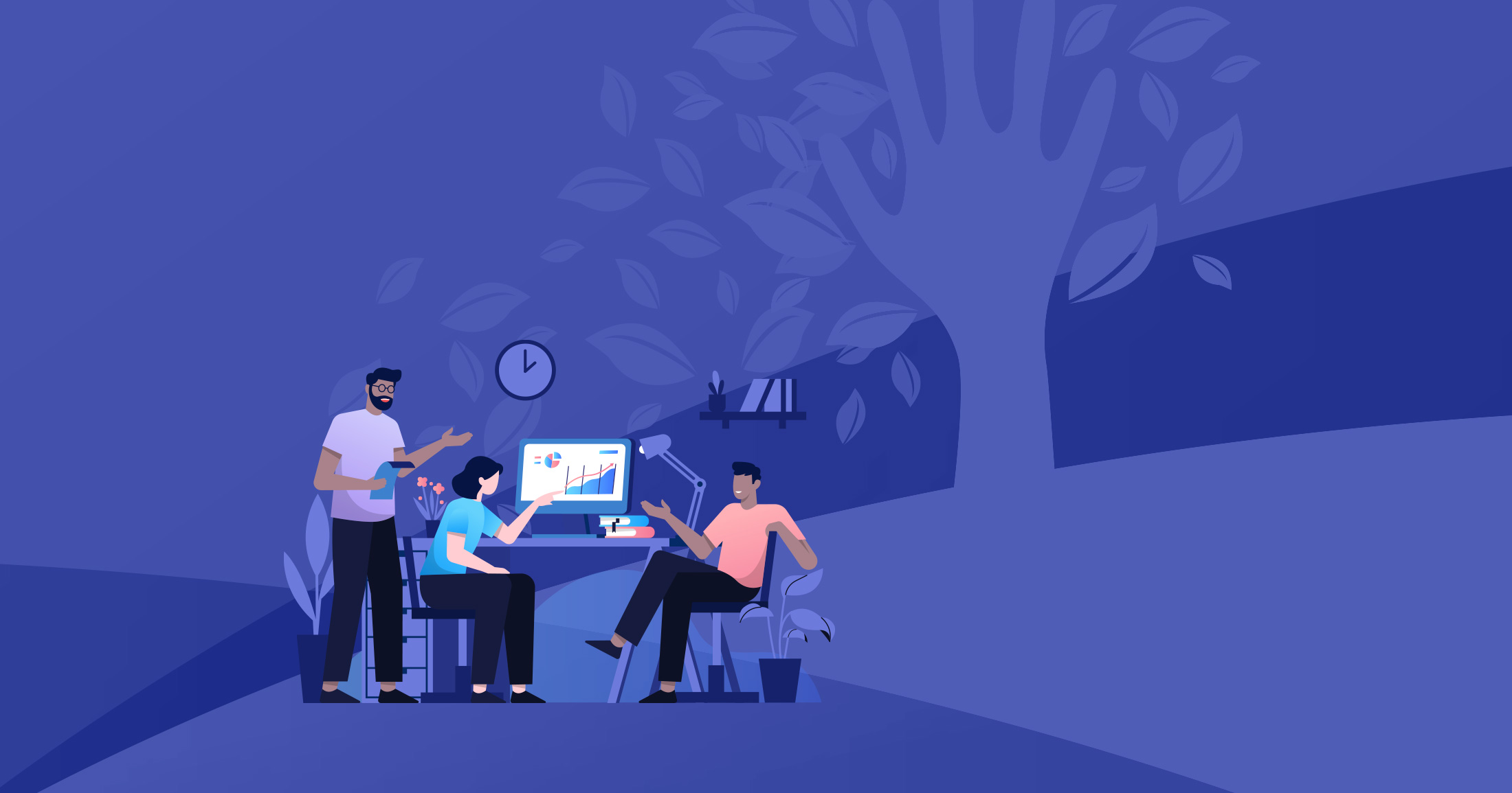 Three office workers sit around a desk talking about work and interpersonal dynamics with a large weird tree and hand float in the background.