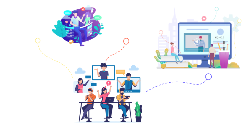 Alumni sitting in different rooms and connecting with each other in a rich network.