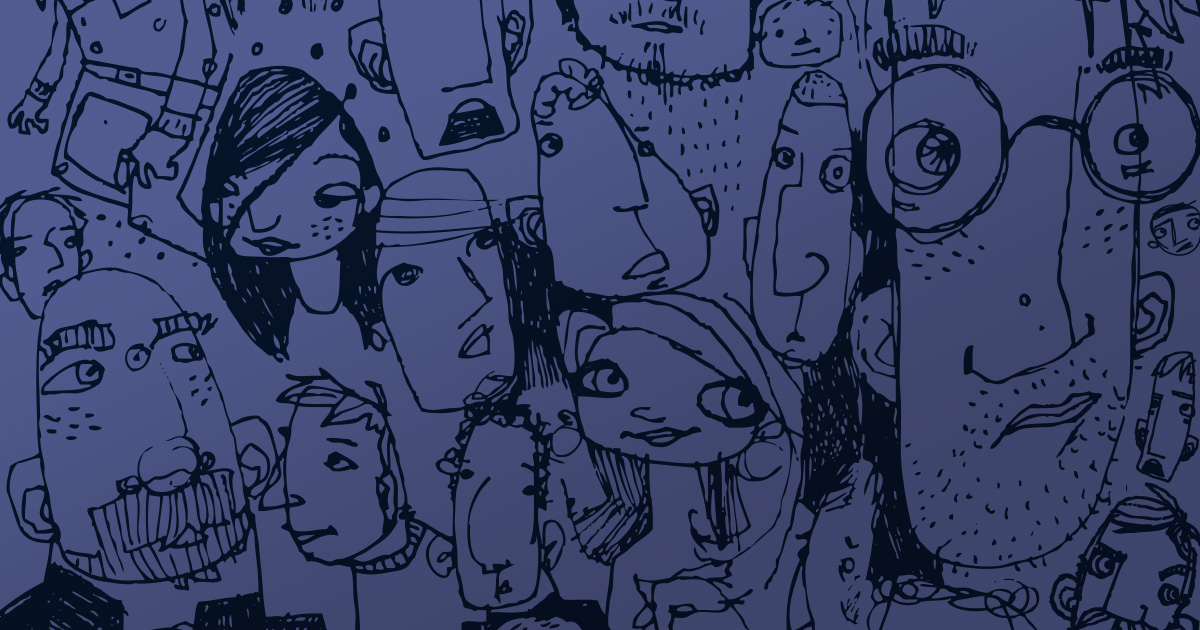 Illustration of many faces of people overlapping and busy and maximal.