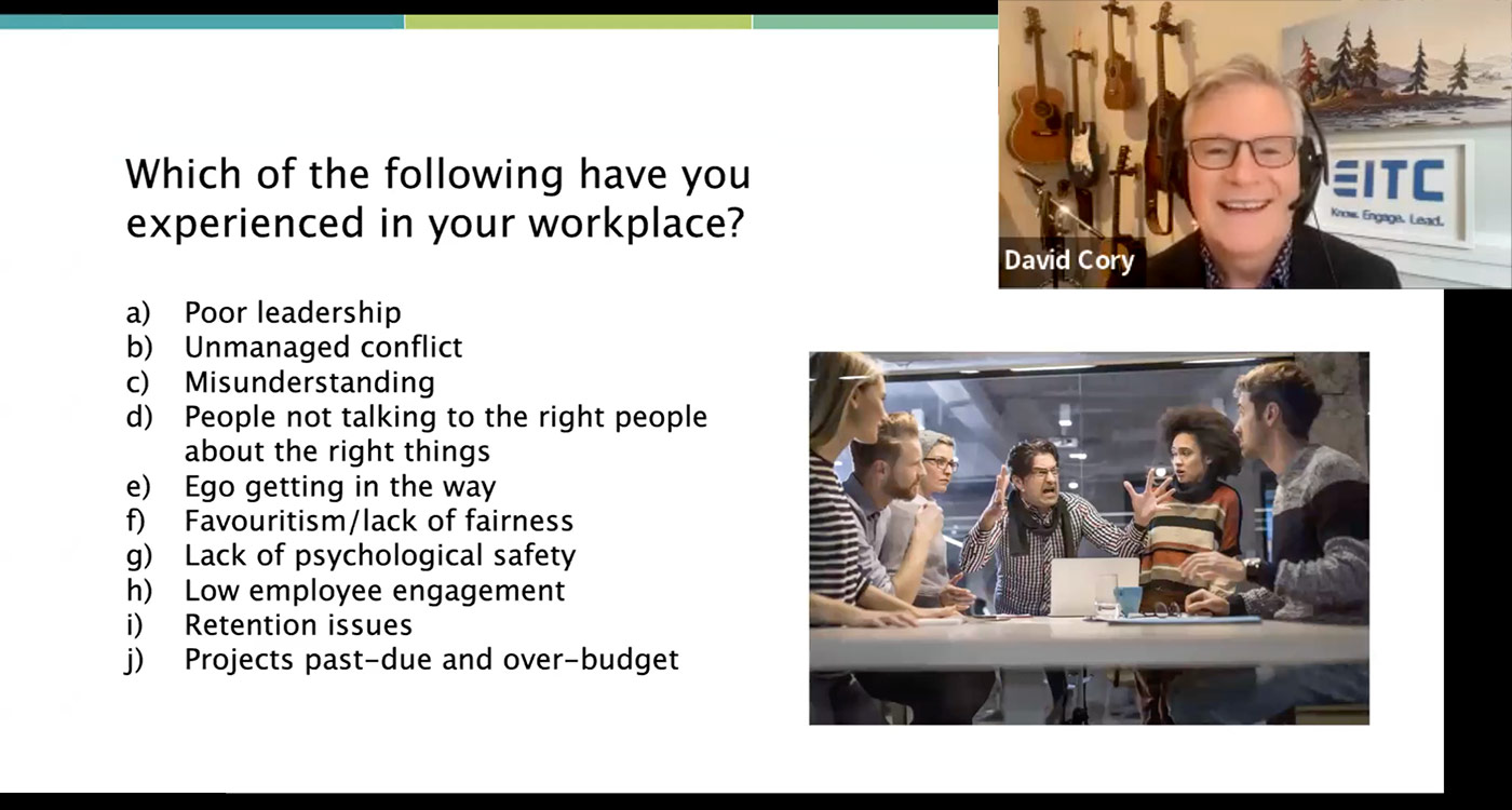 Screenshot of David Cory presenting with his slide deck on the ROI of emotional intelligence