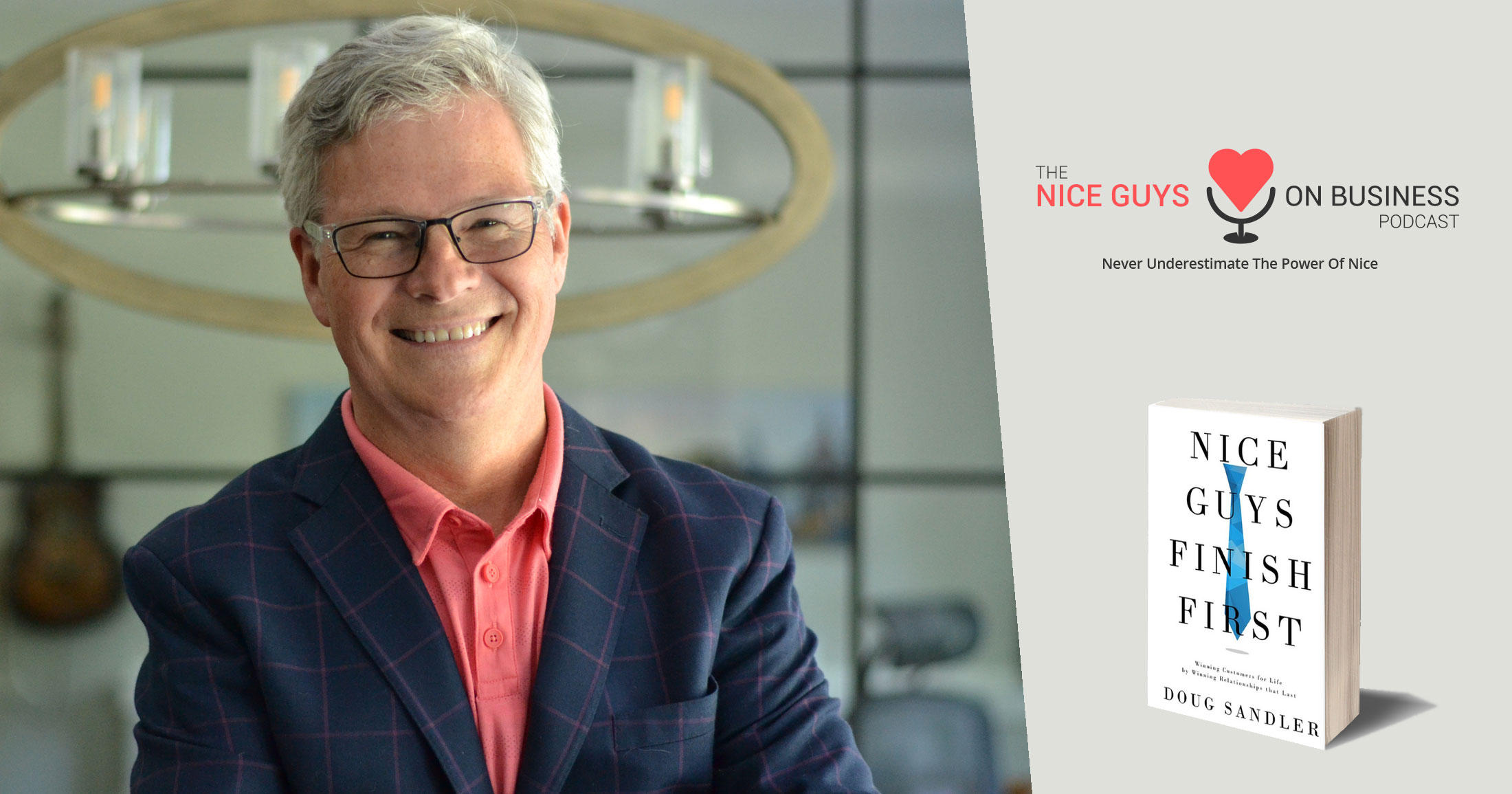 David Cory smiles in his office, with the Nice Guys on Business podcast logo and the Nice Guys Finish First book.