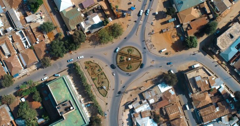 Aerial photo of a roundabout in Morogoro Tanzania.
