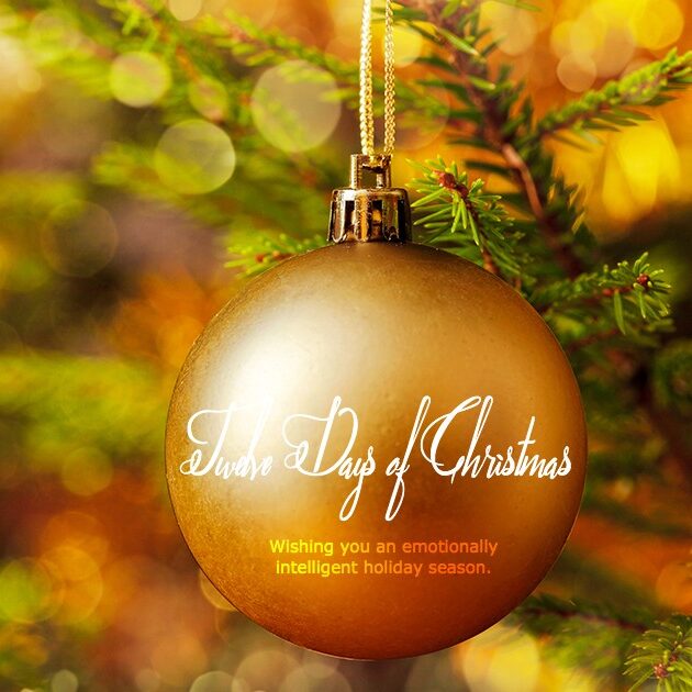 A Christmas tree decoration hangs from a tree: Twelve Days of Christmas.